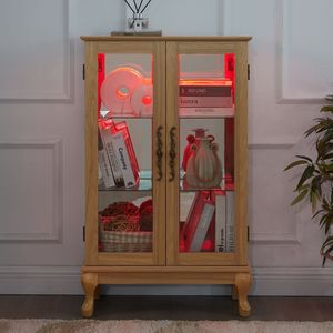 Armoire curio en chêne clair élégant Portes en verre trempé Lumière LED Panneau arrière miroir Étagères réglables pour affichage de bureau à domicile - Product Image 6