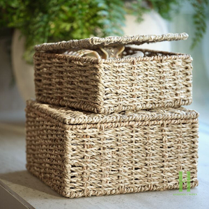 Handmade Seagrass <b>Storage</b> Baskets Rectangle Woven Basket With Lid Natural Color Rustic Style Double Tier For Bathroom Neatening - Product Image 1