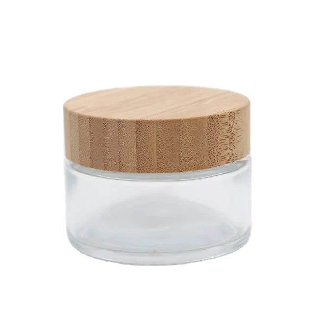 Glass jar with bamboo lid 2 oz flower packaging wood lid screw cap , air tight wide mouth bamboo glass jar