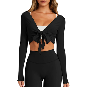 Women <b>Black</b> <b>Long</b> <b>Sleeve</b> <b>Crop</b> Top Deep V Neck Self-Tie Bow Solid Color Yoga Shirt Regular Fit Full <b>Sleeve</b> Activewear - Product Image 2