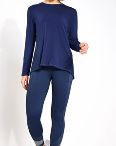 Lightweight Women's Navy Blue Crew Neck Long Sleeve Yoga <b>Top</b> Open <b>Back</b> Breathable Stretch Solid Color Skinny <b>Low</b> Cost - Product Image 4