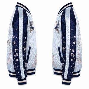 Blouson bomber réversible en satin Dravelle Industry, bleu, broderie hirondelle, souvenir japonais, veste nagaran - Product Image 4