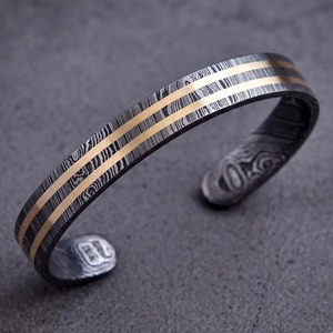 Conjunto de Anillo y Brazalete de Acero de Damasco |   Joyería para hombre con incrustaciones de latón forjado a mano, forma de luna, 9 mm de ancho, 2-3 mm, regalo de moda - Product Image 3