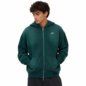 Sweat-shirts pour hommes délavés à l'acide, avec logo personnalisé, fermeture éclair intégrale, vert foncé, en molleton de coton, coupe oversize, épaules tombantes, style streetwear, automne-hiver, vente en gros - Product Image 1