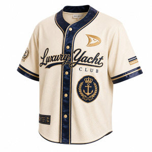 Luxury Yacht Club Baseball Jersey Men's Cream Navy Gold Embroidered Mesh Short Sleeve Button <b>Down</b> Regular Fit Adult All Seasons - Product Image 3