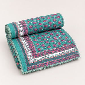 Hand Block Printed 100% Cotton Thin Quilt Set Floral Reversible King Size <b>Comforter</b> Pillow Covers 300tc 3 Pcs Wholesale Bedding - Product Image 4