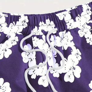 Short de bain décontracté pour homme, imprimé floral violet, taille mi-haute, cordon de serrage, séchage rapide, 100 % polyester - Product Image 3