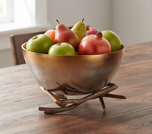Bol en métal fait main avec base en bois de cerf, finition dorée, centre de table décoratif, style glamour, surface polie, pour mariage, maison, bureau - Product Image 4