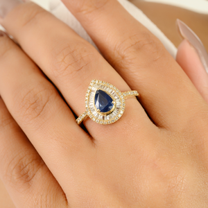14K Solid Gold Pear Sapphire and Diamond Double Halo Eternity Wedding Ring - Product Image 1