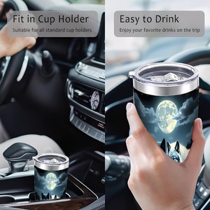 Stainless Steel Tumbler 20oz Vacuum <b>Insulated</b> Portable Car <b>Mug</b> With Wolf Moon Design - Product Image 4