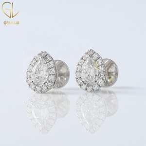 Trendy Design 14k Solid White Gold Pear Cut F Color VS Lab Grown Diamond <b>Halo</b> Minimalist Stud <b>Earrings</b> For Women - Product Image 3
