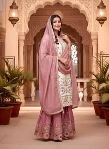 <b>White</b> Pink Floral Embroidered Salwar Kameez Set <b>Chiffon</b> Silk Palazzo Dupatta Wedding Party Women - Product Image 4