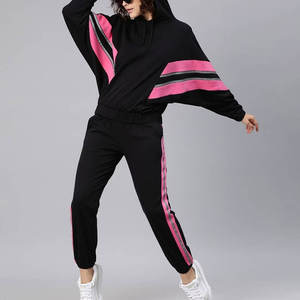 Women Sporty Tracksuit Set Black Pink Color Blocking Hooded Sweatshirt <b>Jogger</b> Pants Loose Fit Full Sleeve Casual Wear Outfit - Product Image 3