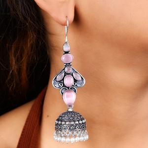 Wholesale Pink Stone <b>Oxidized</b> Silver Jhumka Earrings for Women | Traditional Indian Ethnic Pearl Drop Earrings - Product Image 1