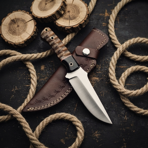 Couteau de chasse à lame fixe, manche en bois de rose, contrefort en résine noire, broche en laiton avec étui en cuir travaillé, vente en gros, B2B, OEM - Product Image 6