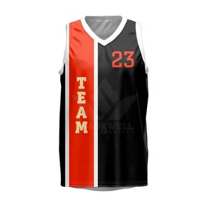 Maillot de basket-ball personnalisé sublimé unisexe noir, rouge et blanc, sans manches, col en V, anti-humidité, 100 % polyester, pour équipe sportive - Product Image 1