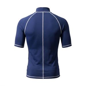 Custom Men's BJJ MMA Rash Guard Short Sleeve <b>Mock</b> <b>Neck</b> Compression Shirt Navy Blue Grappling Training <b>Top</b> with Contrast Flatlock - Product Image 2