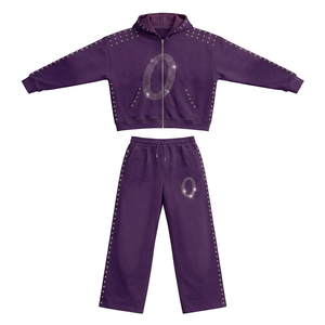 Conjunto Deportivo Azul Marino para Mujer, Chaqueta con Capucha y Cierre Completo, Pantalones con Diseño de Letra O con Pedrería, Ropa Casual de Otoño - Product Image 1