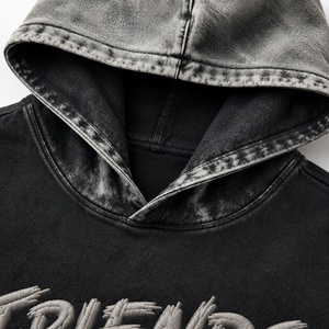 Custom Logo Hooded Sweatshirt <b>Men</b> Oversized Washed Black Cotton Streetwear <b>Pullover</b> with Pocket Front Print - Product Image 2