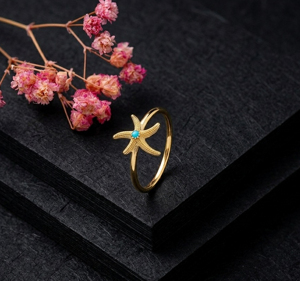 925 Sterling Silver Gold Plated Starfish Design <b>Ring</b> With Turquoise Stone Minimalist Style Unisex Everyday Wear Gemstone <b>Ring</b> - Product Image 5