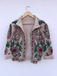 Floral Suzani Embroidery Quilted Cotton <b>Jacket</b> | Winter Coat | <b>Hippie</b> Bohemian Outerwear | Unisex Gift | Stand Collar Pocket - Product Image 2