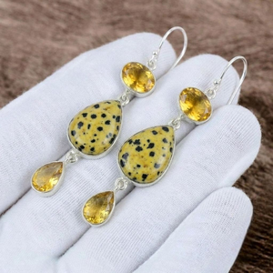 Boucles d'oreilles pendantes artisanales en argent sterling 925 massif avec serti clos, jaspe et citrine, style bohème, pierres précieuses - Product Image 3
