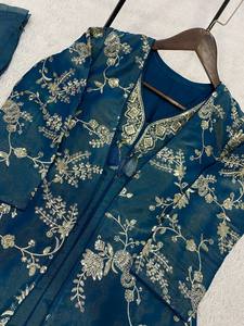 Luxury Slate <b>Blue</b> Silk Afghani Style Co-Ord Set Wrinkle-Free Heavy Silver Floral Embroidered Open Front Shrug Inner <b>Tunic</b> Flared - Product Image 5