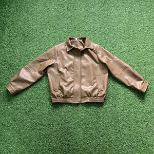 Brown Coated <b>Leather</b> <b>Bomber</b> Jacket <b>Men</b> Front Logo Casual Turn-down Collar Zipper Closure Regular Fit Winter Wear - Product Image 3