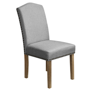 Chaise de salle à manger rembourrée de style minimaliste et transitoire avec garniture cloutée, en lin beige et pieds en bois - Product Image 3