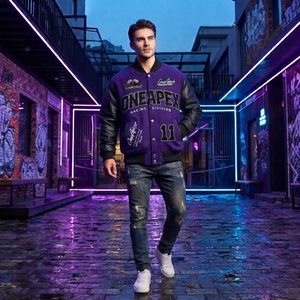 Blouson de course noir et violet pour homme, style Letterman, brodé, streetwear, vente en gros - Product Image 3