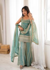 Conjunto de Kurta, Pantalón y Dupatta de Seda Bordada para Mujer, con Lentejuelas, Trabajo con Hilo Dori Zari, Traje Étnico para Fiesta - Product Image 2
