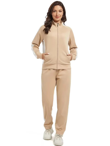 Ensemble de survêtement beige pour femme, veste à manches longues et pantalon avec poches latérales, coupe décontractée, design uni, vêtements d'automne - Product Image 3