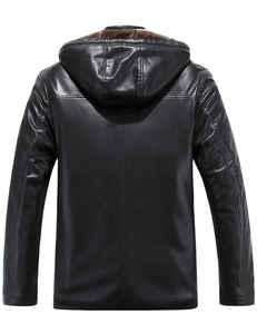 Veste en cuir PU noir pour homme avec doublure en fausse fourrure, fermeture éclair, style motard, vêtement d'extérieur pour l'hiver - Product Image 5