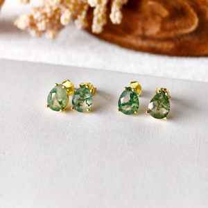 Boucles d'oreilles pendantes en argent sterling 925 plaqué or 14 carats avec agate mousse naturelle, bijoux pour femmes - Product Image 1