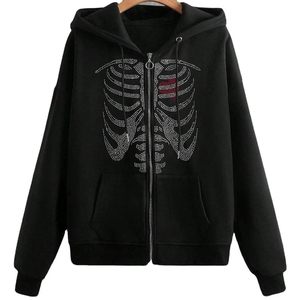 Sudadera con Capucha Negra, Diseño de Esqueleto con Pedrería, Cierre Frontal, Unisex, Informal, de Forro Polar, para Otoño - Product Image 1