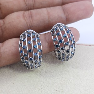 1.49 Cttw Blue Diamond Hoop <b>Huggie</b> Earrings 925 Sterling <b>Silver</b>, Round Cut Color-Enhanced Natural Diamond Earrings for Women, Om - Product Image 3