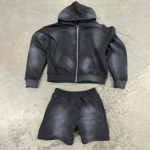 Hot Selling Oem Custom Mens Summer Casual 100% Cotton Zip Hoodie Shorts Premium Quality Windbreaker Solid Heavyweight Short Set - Product Image 2