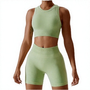 Women Solid <b>Green</b> Yoga Set High Waist Shorts Crop Top Seamless Activewear 2 Piece Workout Gym Wear - Product Image 5
