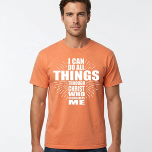 เสื้อยืดผู้ชายสีส้ม "ฉันสามารถทำทุกอย่างโดยพระคริสต์ผู้ทรงเสริมกำลังฉัน" พิมพ์ลายลำลองแขนสั้นคอกลมผ้าเจอร์ซีย์ผ้าฝ้าย - Product Image 6