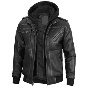 Blouson en cuir de vachette noir OEM 2026 pour homme, avec capuche, col, poches zippées, imperméable, haute qualité, faible MOQ, mode hiver, logo frontal - Product Image 3