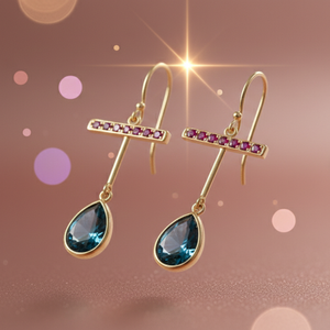 Pendientes de Plata de Ley 925 con Baño de Oro de 18K y Gema de Pera Hidroeloxilada Azul con Circonita Roja, Pendientes de Diseño Hechos a Mano para Mujer - Product Image 3