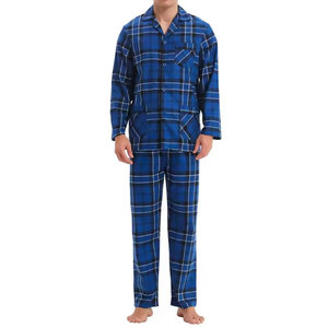 Ensemble pyjama à carreaux bleu royal pour hommes, col à revers, manches longues, en coton doux et aérien, confortable et décontracté, vêtements de nuit pour hommes, costumes de maison - Product Image 1