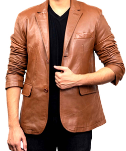 Men Brown Leather <b>Blazer</b> Collar Regular Fit Full Length Sleeve British Style Jacket - Product Image 4