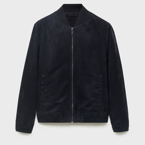 Men's Navy <b>Suede</b> Bomber <b>Jacket</b> Stand Collar Zipper Closure Casual Regular Fit Autumn Wear - Product Image 1