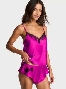 Women's Pink <b>Silk</b> Lace Trim <b>Cami</b> <b>Set</b> Sleeveless V-Neck Lounge Wear Summer Sexy Style - Product Image 1