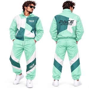 Ensemble veste coupe-vent et pantalon pour homme, vert menthe, bleu sarcelle foncé, blanc, imperméable, avec empiècements contrastants, vêtements de sport, vente en gros - Product Image 1