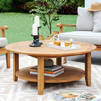 Table basse ronde en teck pour l'extérieur, table centrale en bois avec étagère inférieure, mobilier de salon moderne et minimaliste