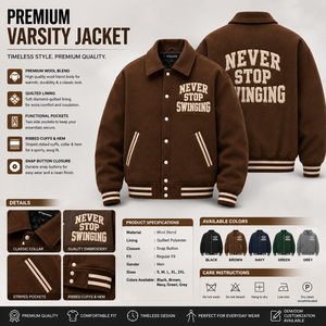 Chaqueta Varsity Marrón para Hombre con Logotipo Bordado 'Never Stop Swinging', Estilo Preppy, Cuello Camisero, Corte Regular, para Otoño - Product Image 5