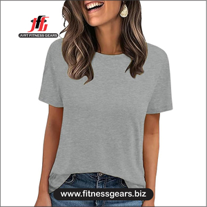 Women's O-Neck Short Sleeve Denim Print T-Shirt Solid Blue Knitted Casual Wear Loose Fit Summer - Product Image 5