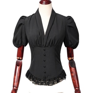 Chemisier en coton pour femmes à manches courtes col en V dentelle mousseline de soie Slim Corset chemise hauts - Product Image 1